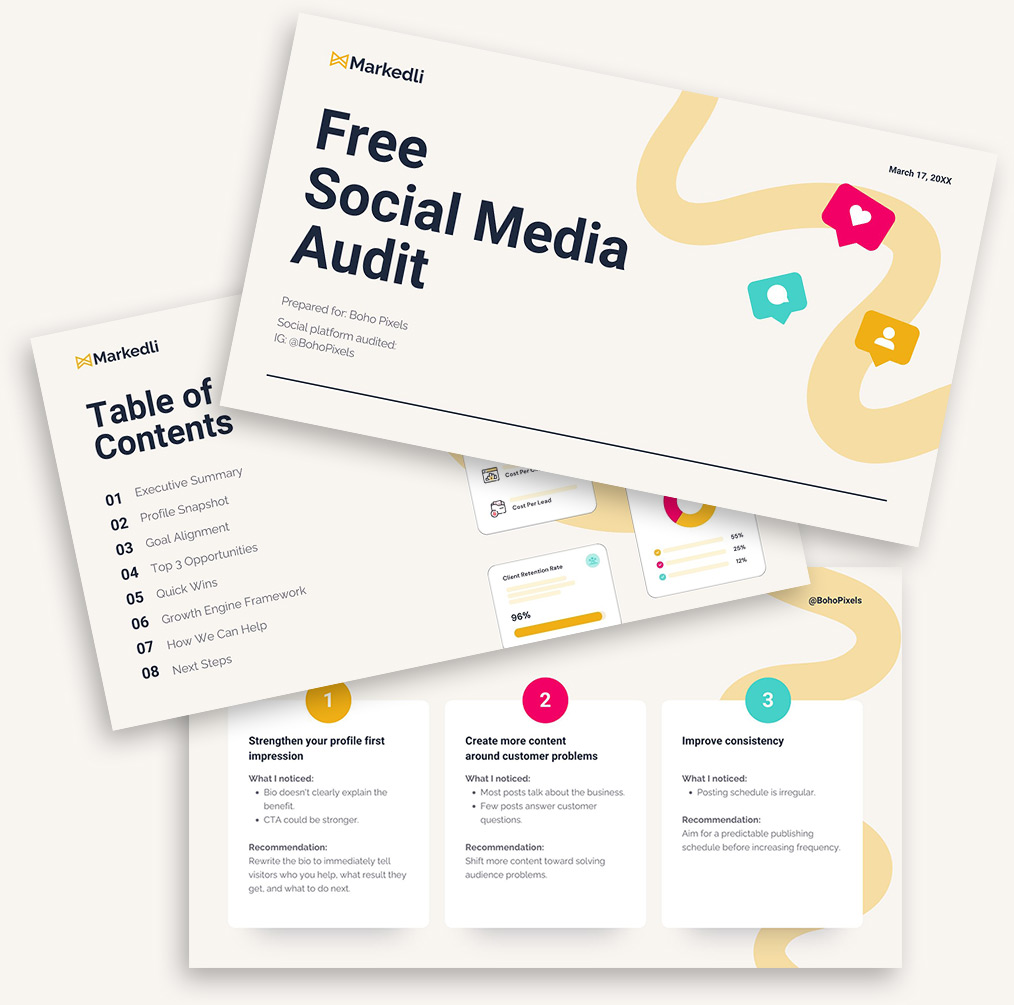 Preview of a free social media audit report by Markedli